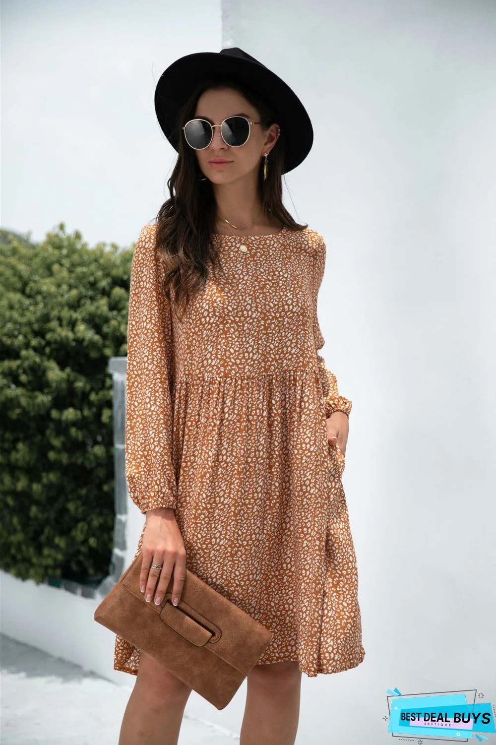 Long Sleeve Leopard Pocket Dress