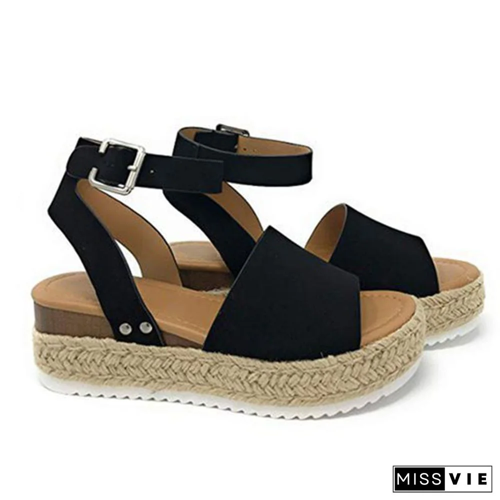 Linen Platform Buckle Ankle Strap Sandals