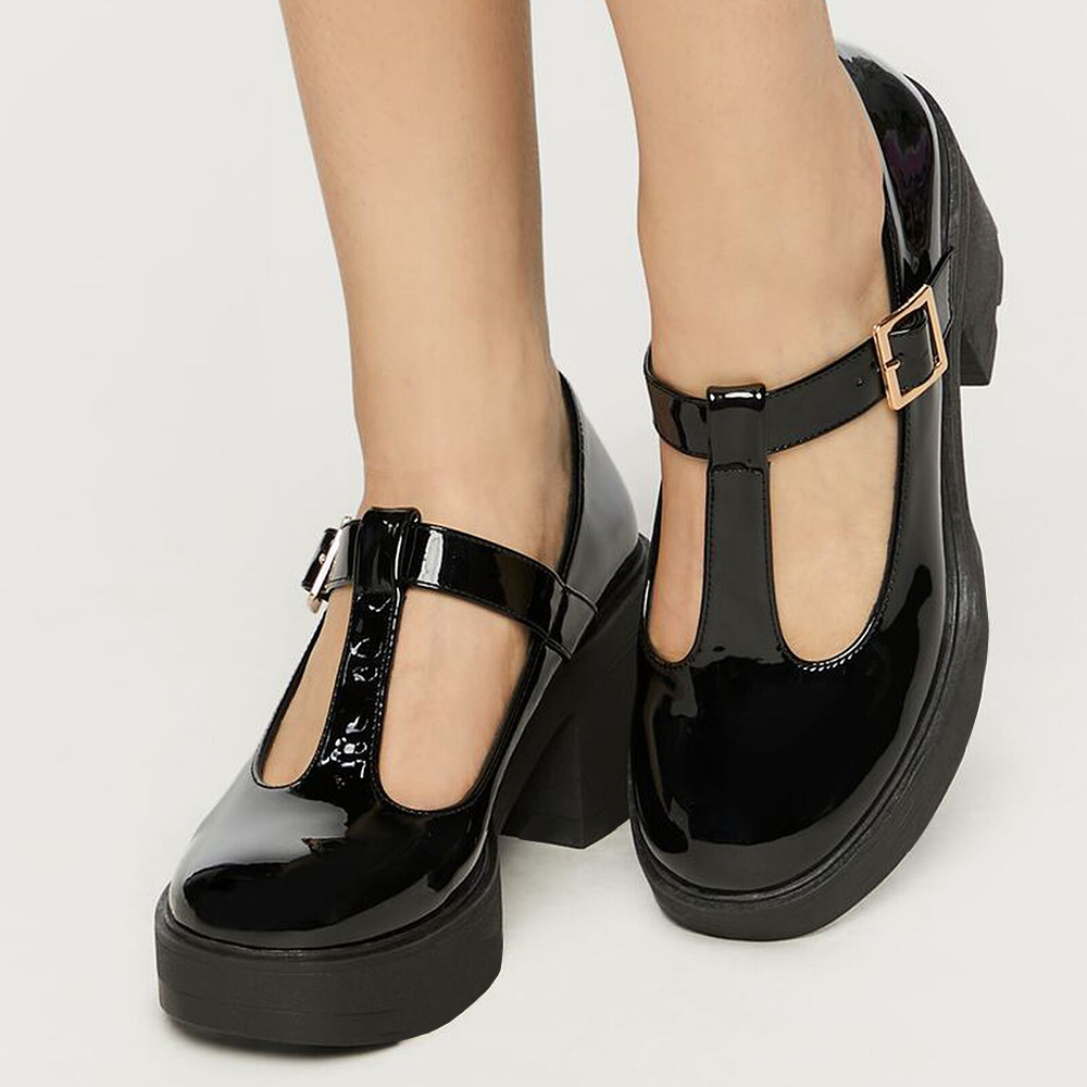 Black Patent Leather Closed Toe Chunky Heel Platform Loafers Nicepairs