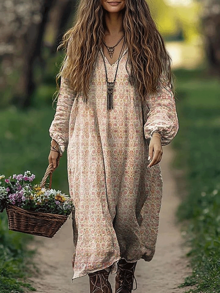 Women's Bohemian Art Print Pocket Cotton V Neck Long Sleeve Dress