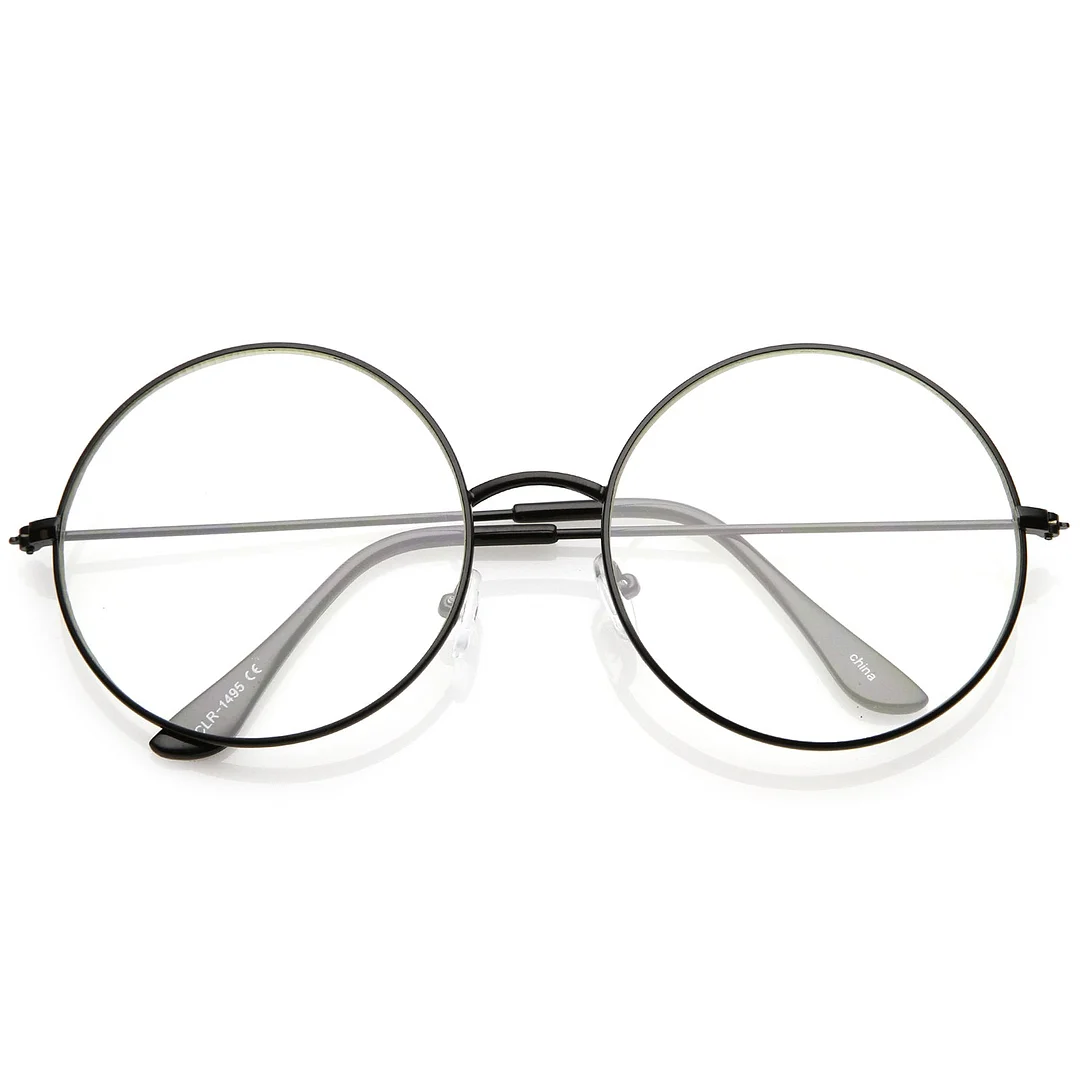 Classic Oversize Slim Metal Frame Clear Flat Lens Round Eyeglasses 56mm