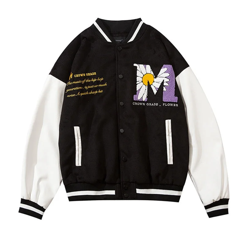 Harajuku Bomber Jackets Women Embroidery Letter Daisy Flowers Men's Jacket Oversized PU Leather Hip Hop Baseball Jackets Coats