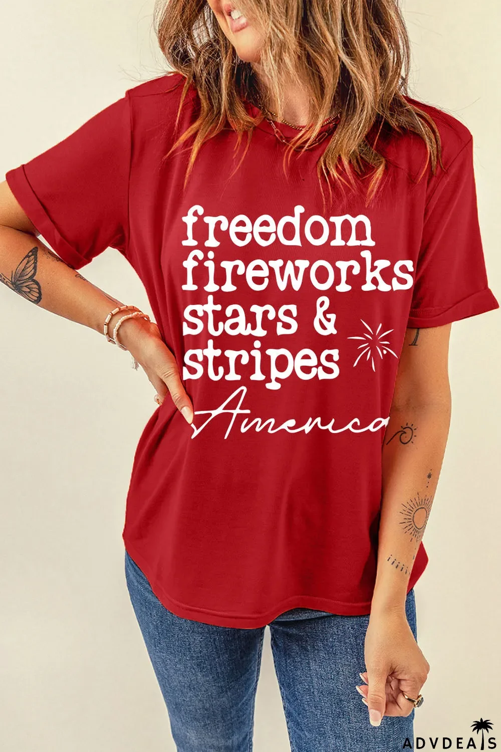 Red American Freedom Day Slogan Print T Shirt