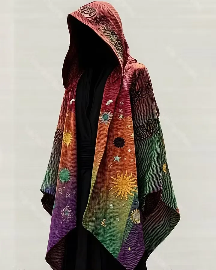 Men's Summer Fashion Hippie Style Star and Moon Embroidered Linen Cardigan Hooded Cape  7309