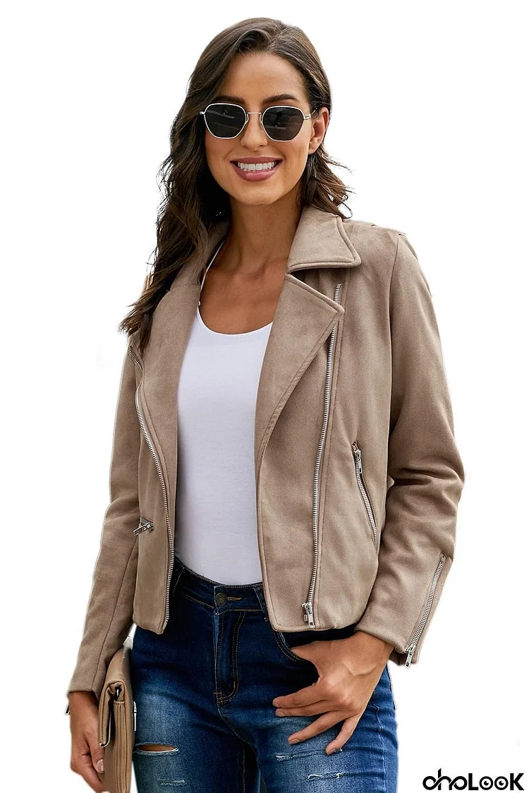 Khaki Zipped Notch Collar Short Jacket