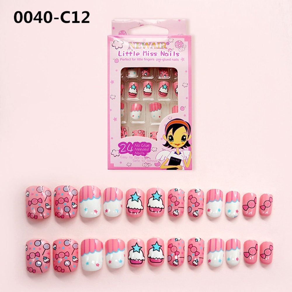 24Pcs/Set Press on Children Candy False Nail Tips Cartoon Full Cover Kid Pink Fake Nail Art for Little Girls Manicure Tool