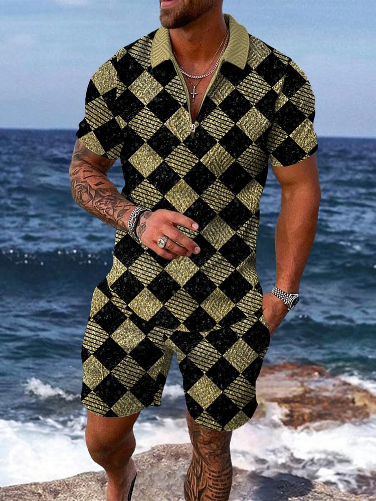 Men's Luxury Gold Vintage Chessboard Plaid Printed Polo Suit