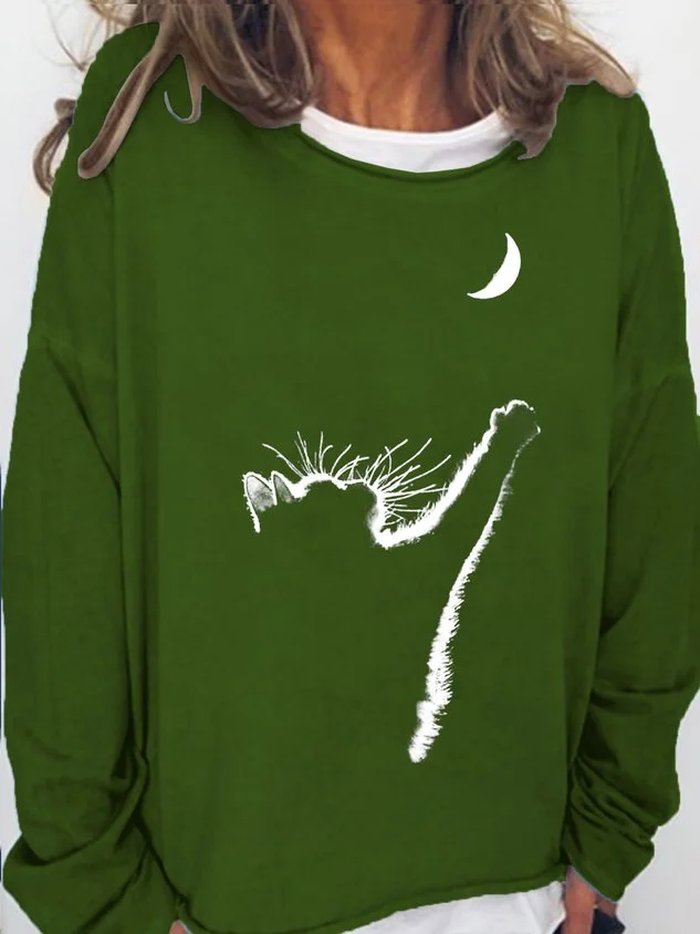 Women Cat Moon Print Casual Crew Neck Sweatshirt socialshop