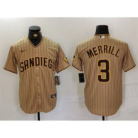Men's San Diego Padres #3 Jackson Merrill Tan Cool Base Stitched Baseball Jersey