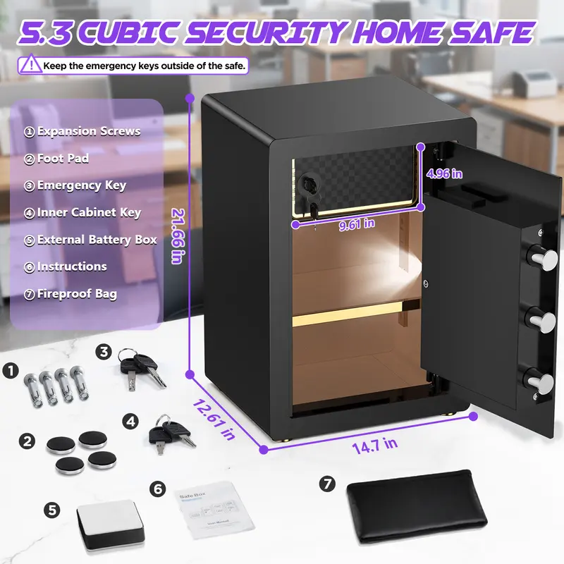 Product Introduction of TNTANTS 5.3 - 5.5 Cuft Large Safe Box. Digital Board. With Fireproof Document Bag & Alarm System for Home or Office Security. for Cash Jewerly Lock Adjustable Shelf 4