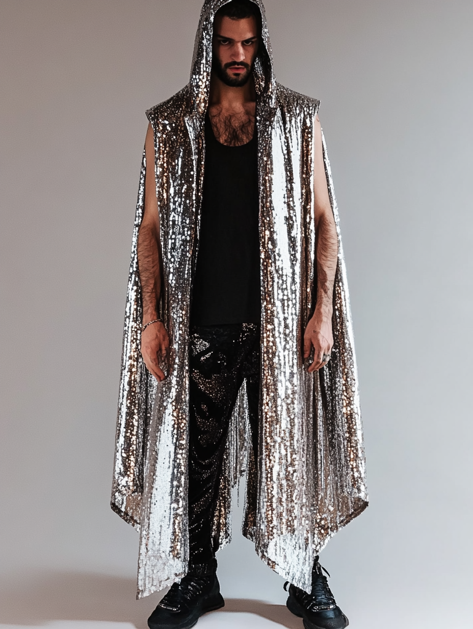 Men's Silver Sequin Festival Party Hood Sleeveless Robe