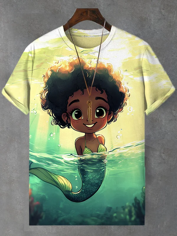 Men's Retro Funny Black Child Mermaid Print Casual T-Shirt
