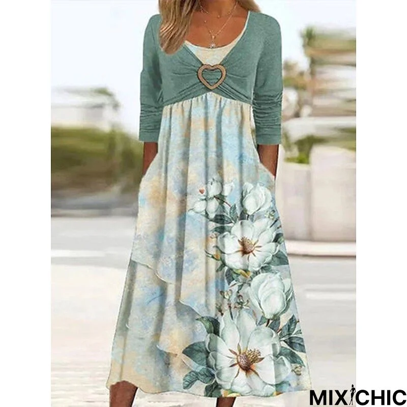 Women's Casual Dress Summer Dress Print Dress Floral Ruched Fake two piece Crew Neck Midi Dress Fashion Modern Outdoor Daily Half Sleeve Regular Fit Green Spring Summer S M L XL XXL