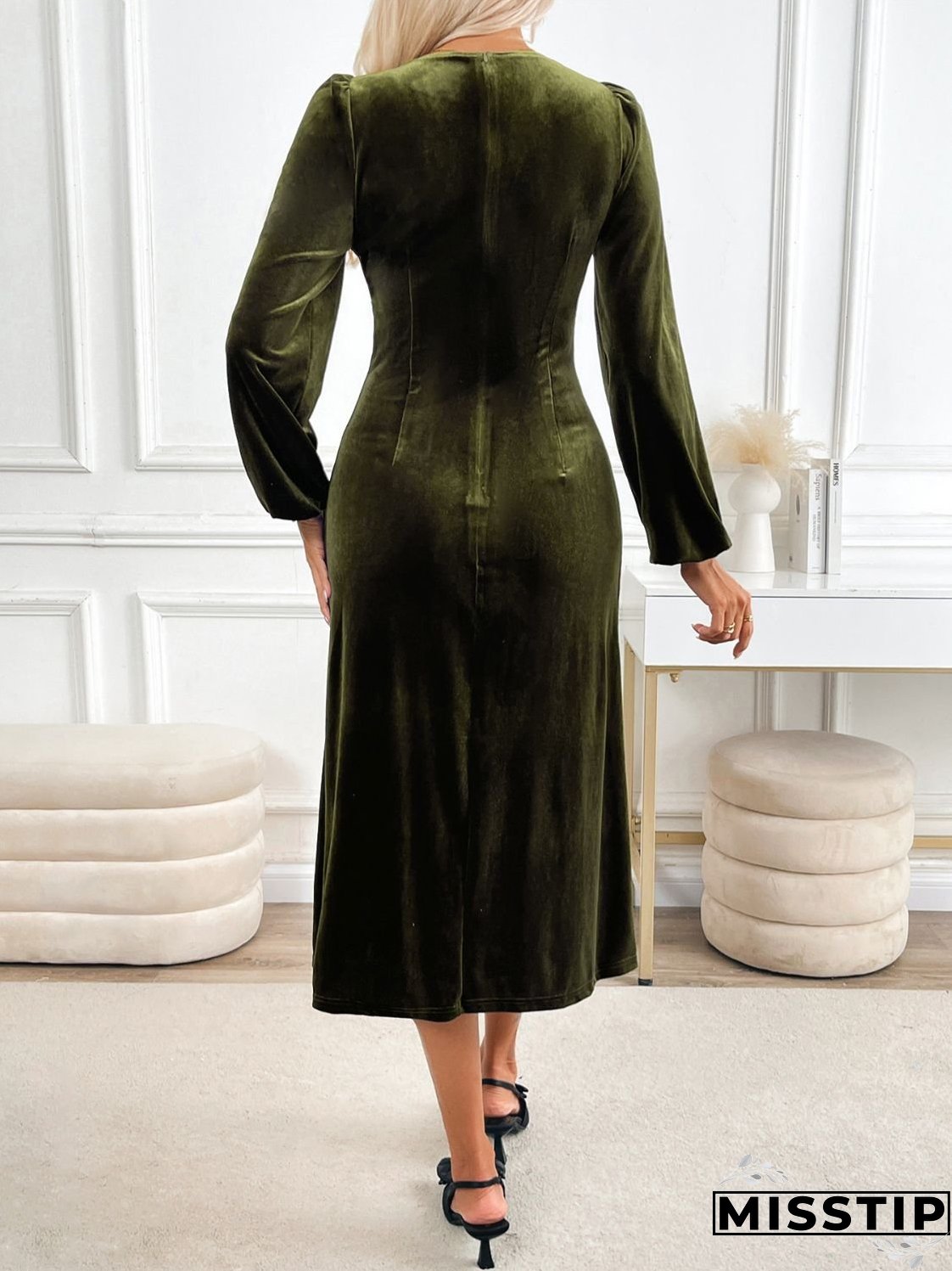 Perfee Slit V-Neck Long Sleeve Midi Dress