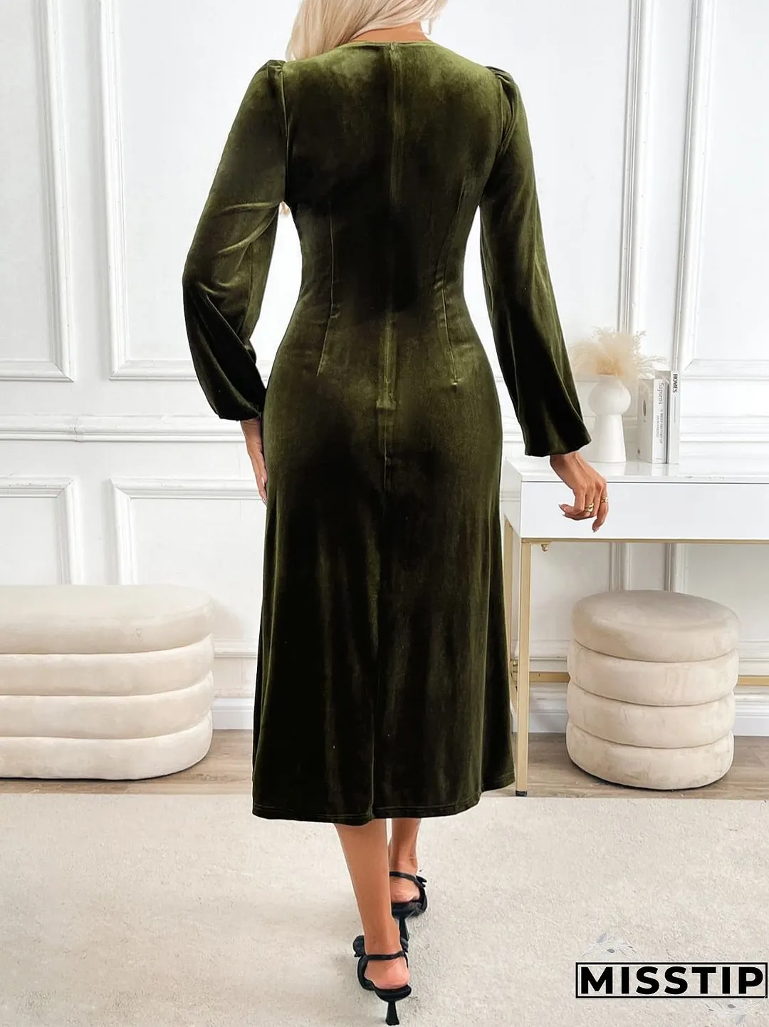 Perfee Slit V-Neck Long Sleeve Midi Dress