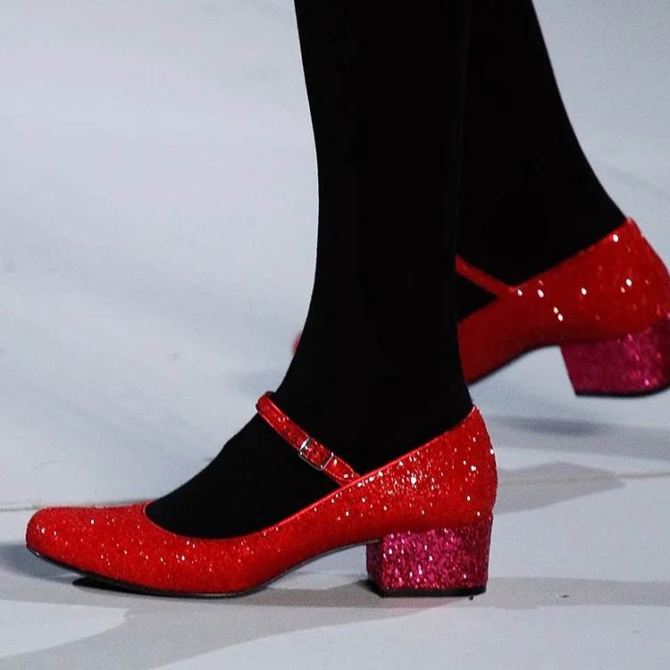 Red Glitter Block Heels Round Toe Mary Jane Pumps |FSJ Shoes