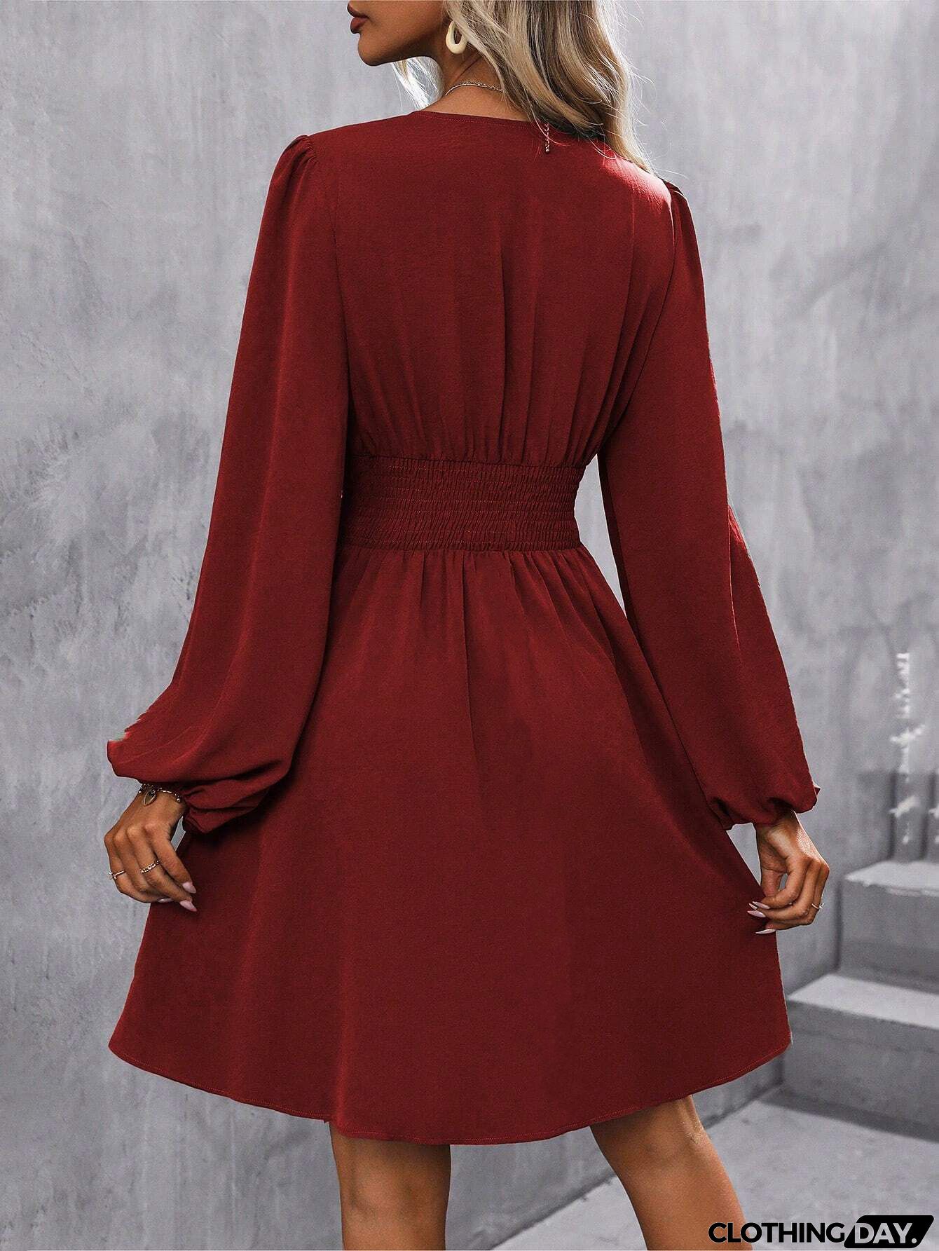 V Neck Puff Sleeve Slit Hem Mini Dress