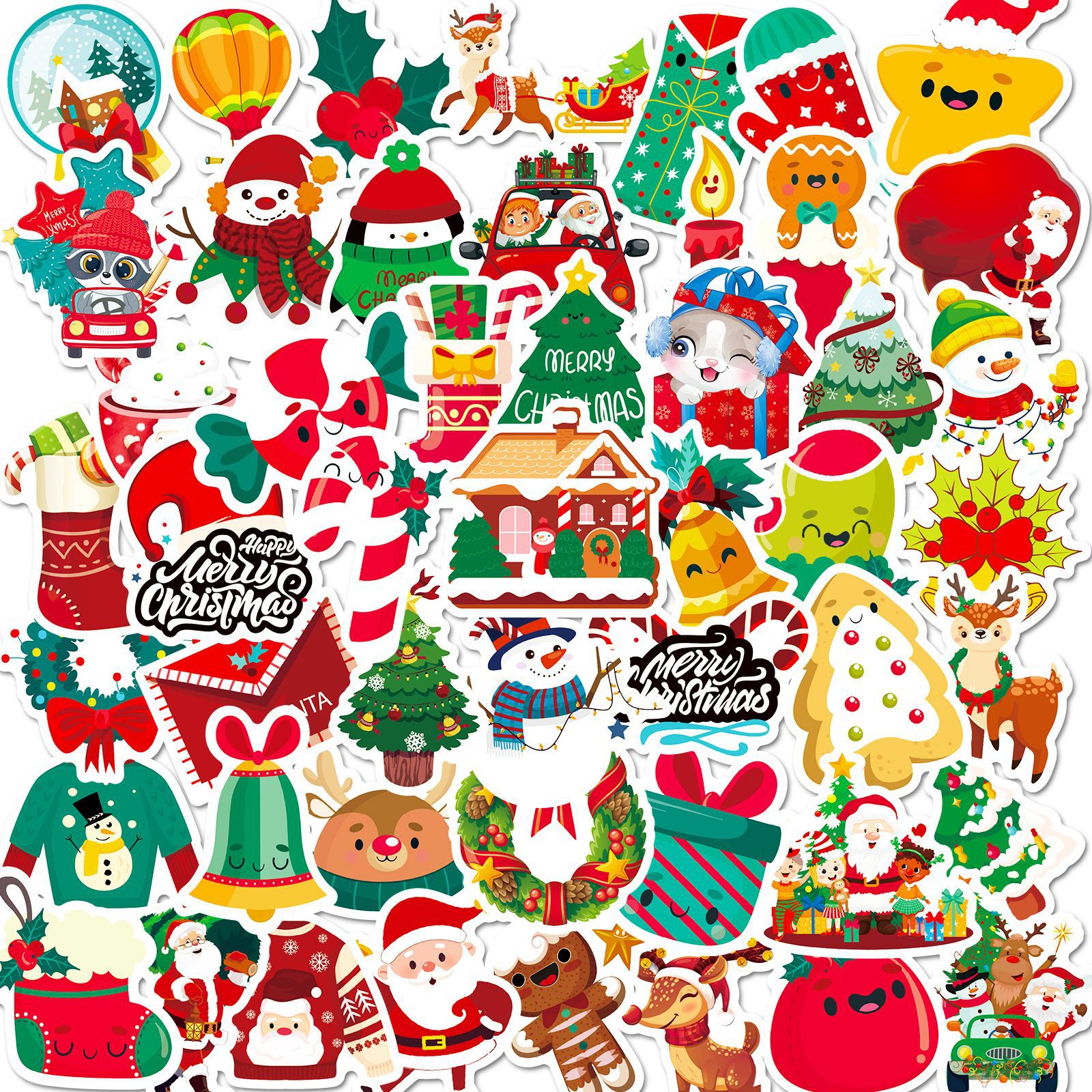 50-Piece Festive Christmas Sticker Set: Santa & Snowflake Decor