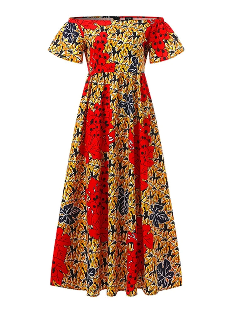 VONDA Summer Women Flare Sleeve Party Dress Vintage Printed Sexy Off Shoulder Pleated Robe Lady High Waist Short Sleeve Sundress