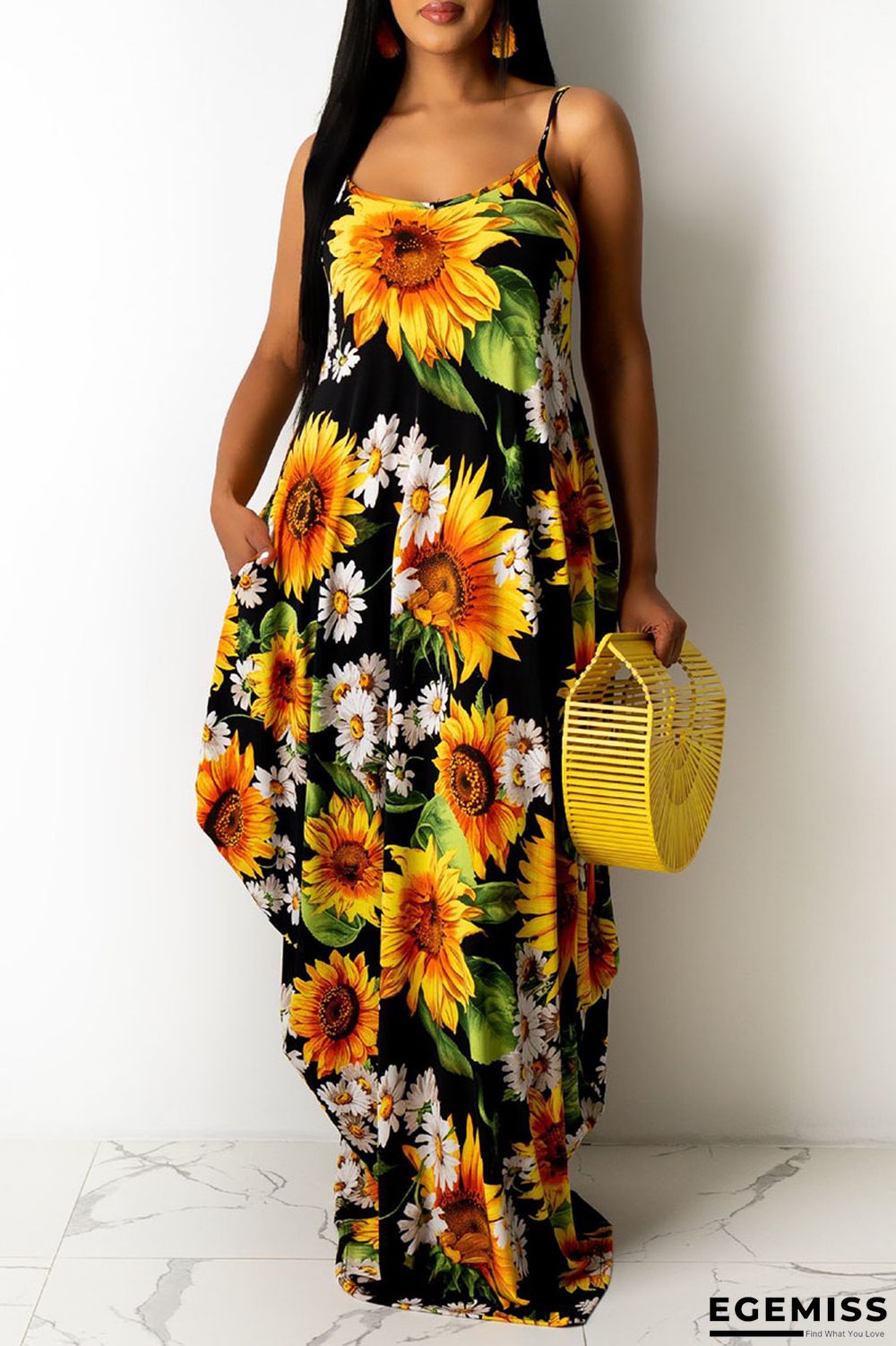 Yellow Casual Off The Shoulder Sleeveless Slip Swagger Floor-Length Print Patchwork | EGEMISS
