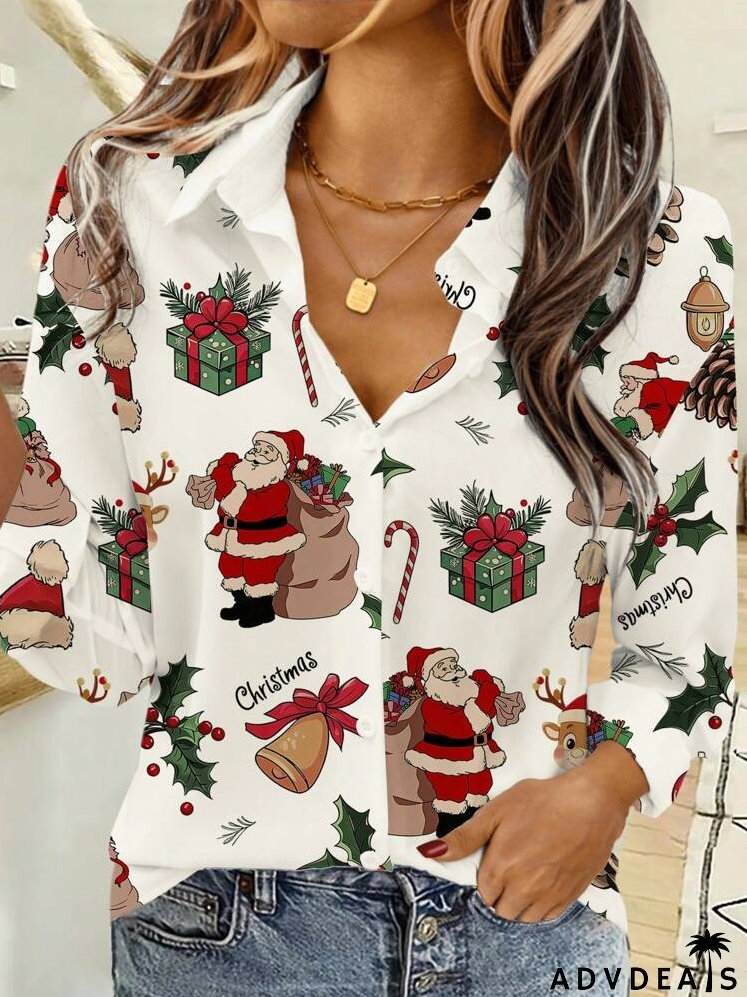 Casual Minimalist Christmas Element Graphic Loose Button-Down Shirt, Long Sleeve For Women, Suitable For Autumn And Winter