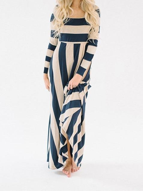 Stripe Long Sleeve Loose Casual Maxi Dress