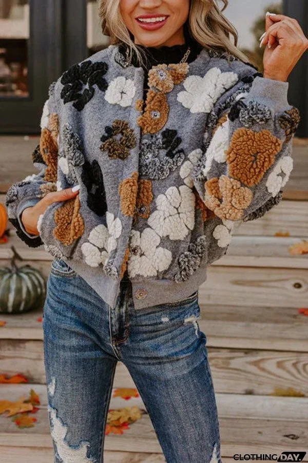 Foliage Falling Sherpa Flower Pattern Pocketed Cozy Jacket