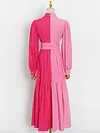 Fashion Contrast Color Long Sleeve Button Belted Long Sleeve Midi Dress