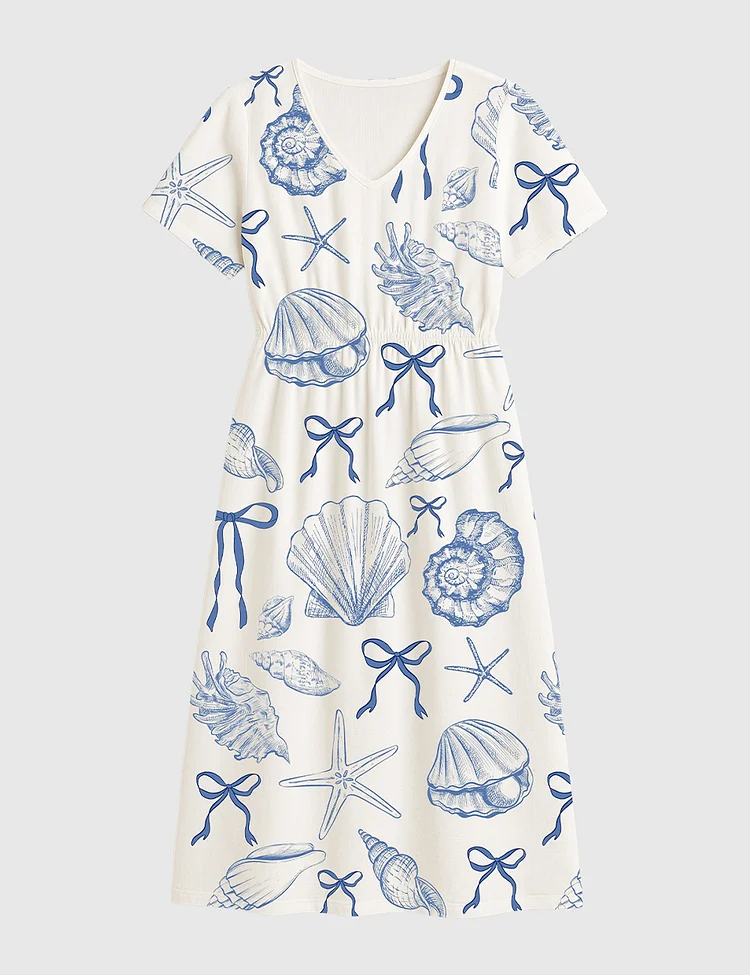 Women&rsquo;s Coquette Seashell Beach Coastal Summer Vibes Short Sleeve Dress