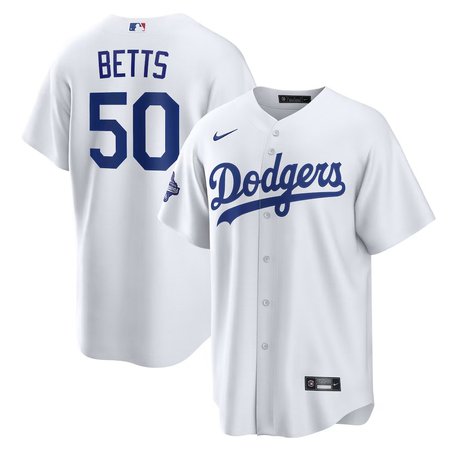 Men's Los Angeles Dodgers #50 Mookie Betts  White 2025 World Series Champions Home Replica Jersey