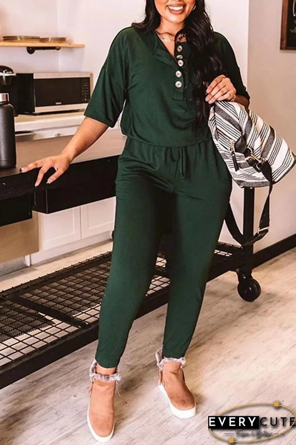 Solid Color Short Sleeve Casual Jumpsuit P15052