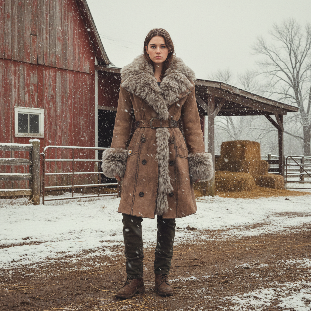 Women's Vintage Suede Coat With Fur Collar