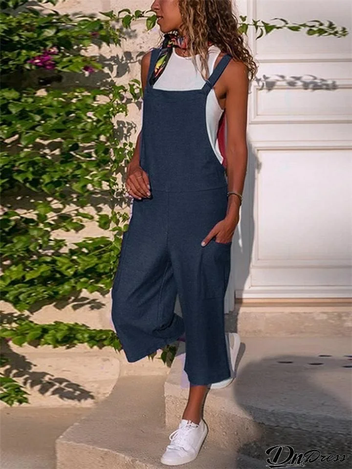 Fashion Cotton-Blend Square Neck Cropped Jumpsuit