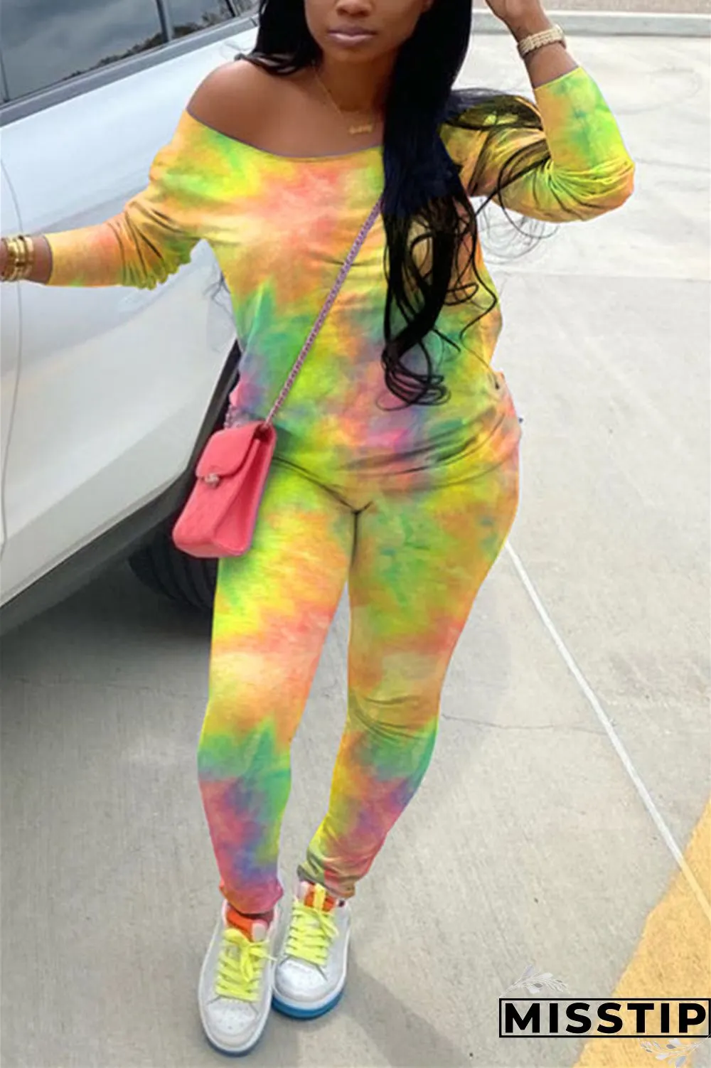 Light Blue Fashion Casual Long Sleeve Oblique Collar Regular Sleeve Regular Print Tie Dye Two Pieces