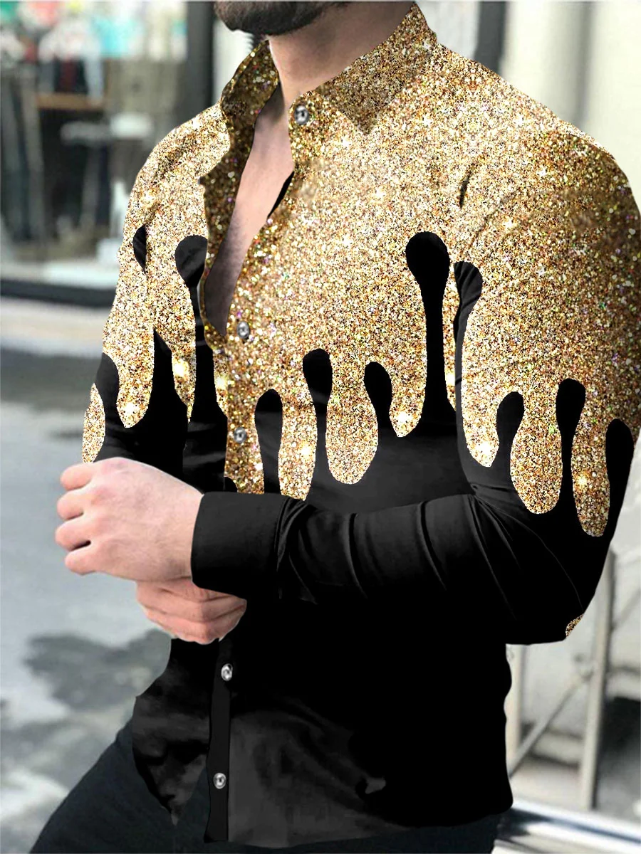 Casual Golden Printing Long Sleeve Printed Men's Shirt