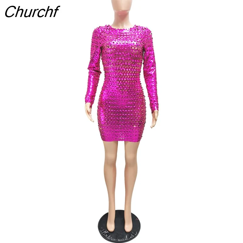 Churchf Dress For Women Long Sleeve Sexy Hollow Out Dresses Spring Autumn Solid O-Neck Fashion Party Nightclub Outfits 2023 New