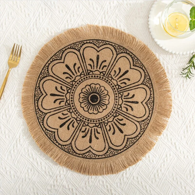 INS Jute Round Placemats Boho Tassels Table Mats Heat Insulation Pads Coffee Cup Mat Rustic Farmhouse Kitchen Decor Photo Props