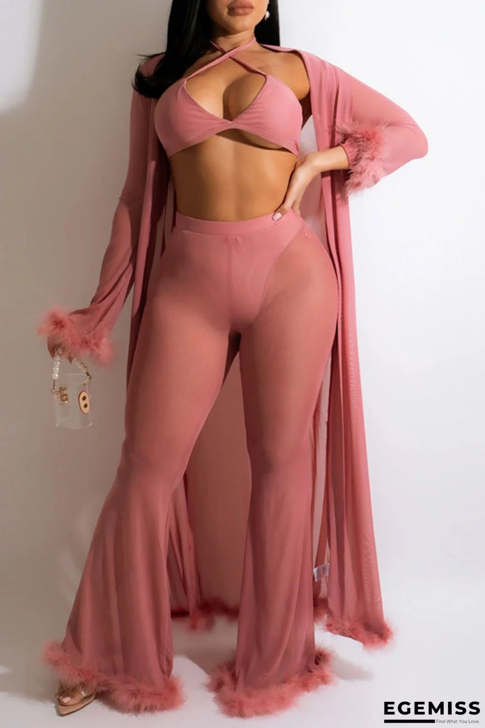 Pink Sexy Solid Patchwork Feathers Long Sleeve Two Pieces | EGEMISS