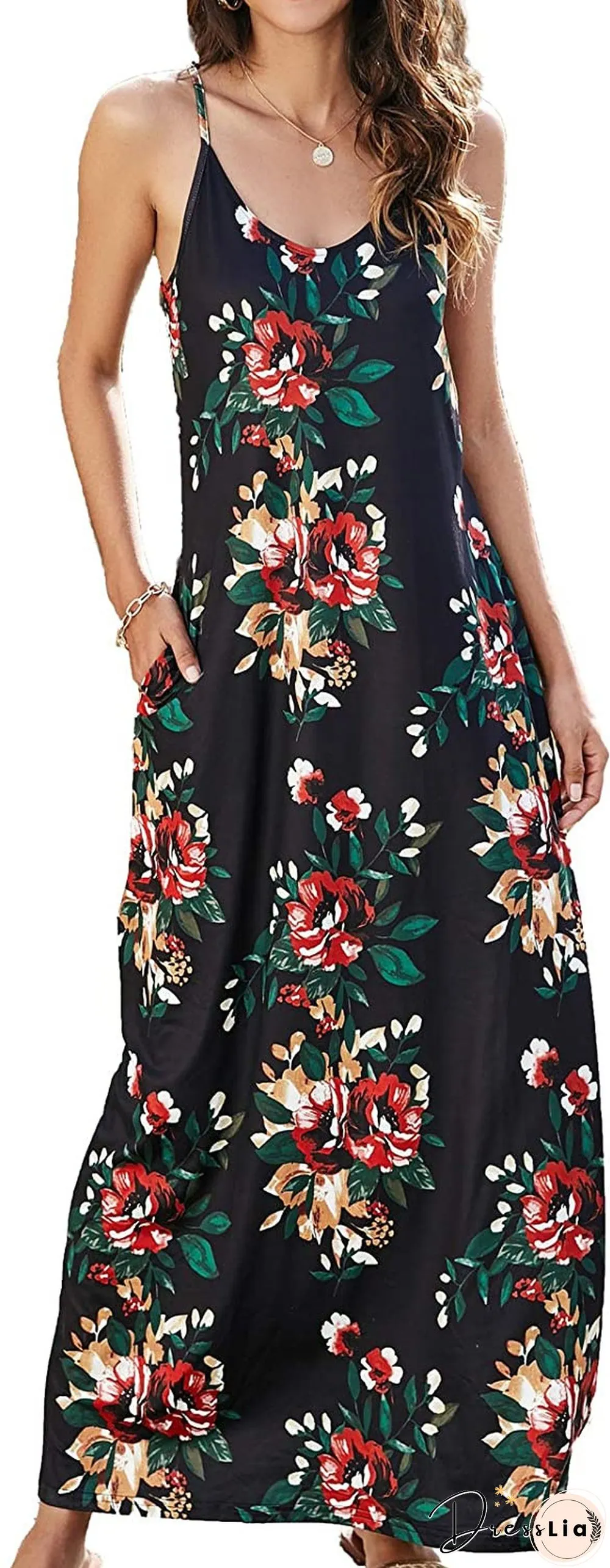 Printed Suspender Dress Beach Dress Black Dresses