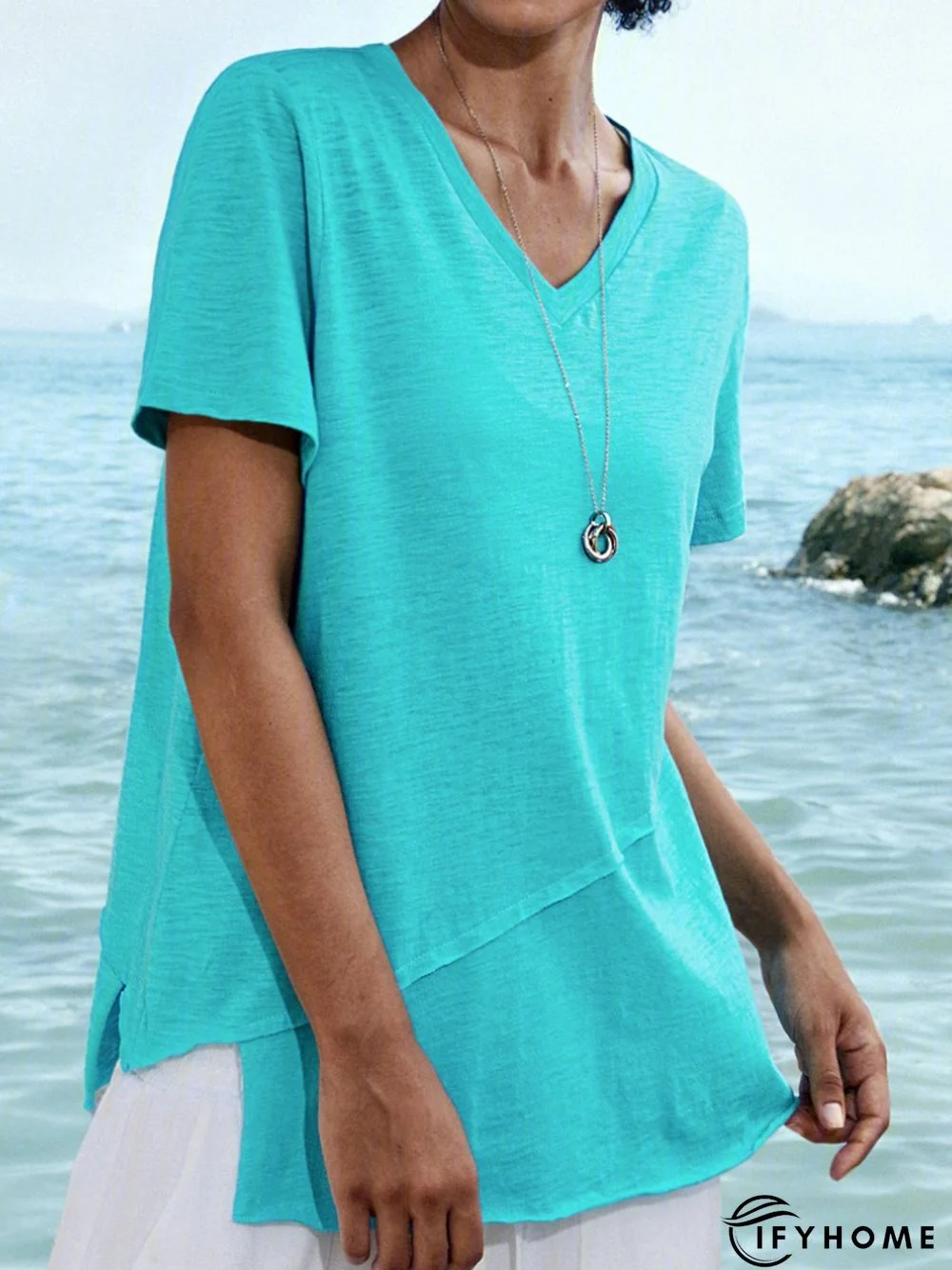 Blue Casual Cotton Solid V Neck T-shirt | IFYHOME