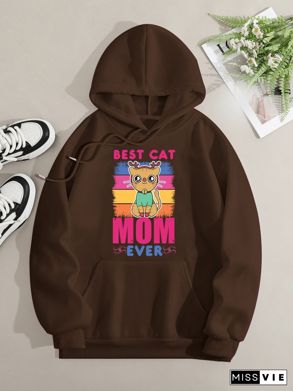 Printed on front Kangaroo Pocket Hoodie Long Sleeve for Women Pattern  Best Cat Mom Ever