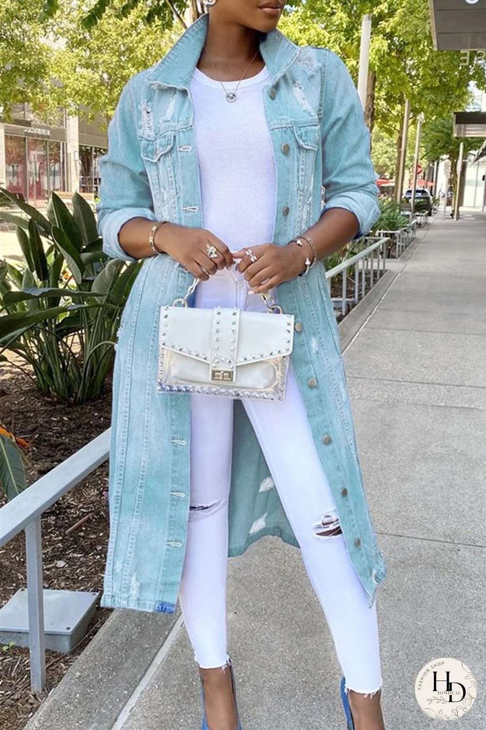 Deep Blue Casual Solid Ripped Patchwork Turndown Collar Long Sleeve Regular Denim Jacket