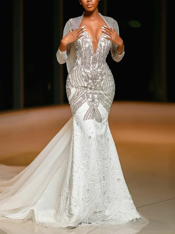 Fashion V-Neck Sequined Long Sleeve Falbala Wrap Wedding Maxi Dress