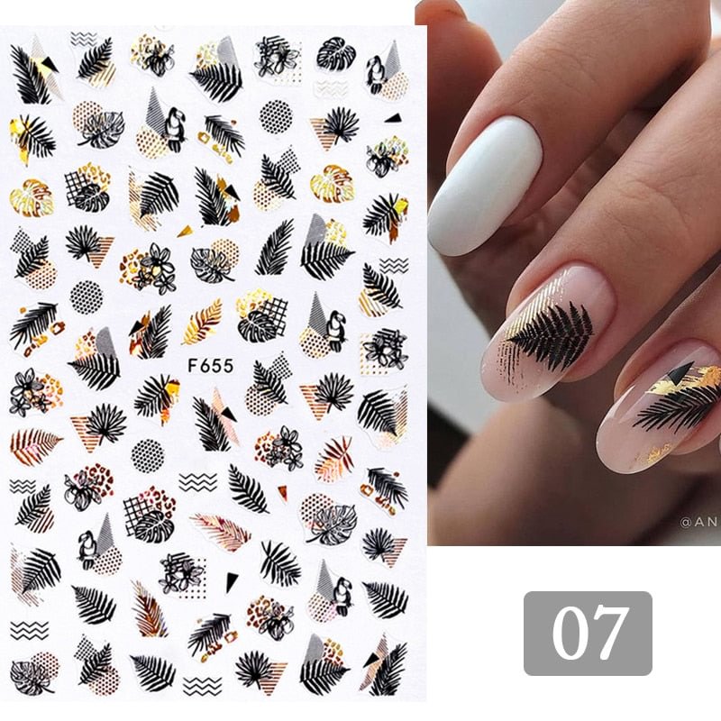 1PC Summer Bronzing Leaf 3D Nail Sticker Iridescent Tropical Leaves Tree Birds Transfer Decals Slider For Nails DIY Decoration