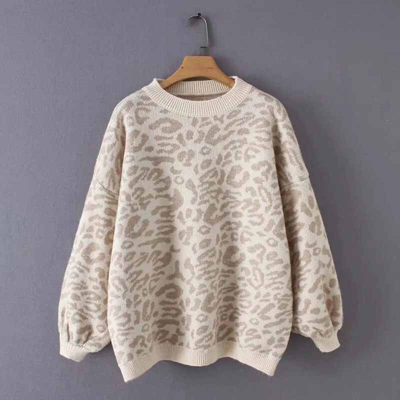 Leopard Knitted Sweater Women Animal Print Winter Sweater Female o-neck Thick Pullover Loose Casual Tops Girls Oversized Sweater