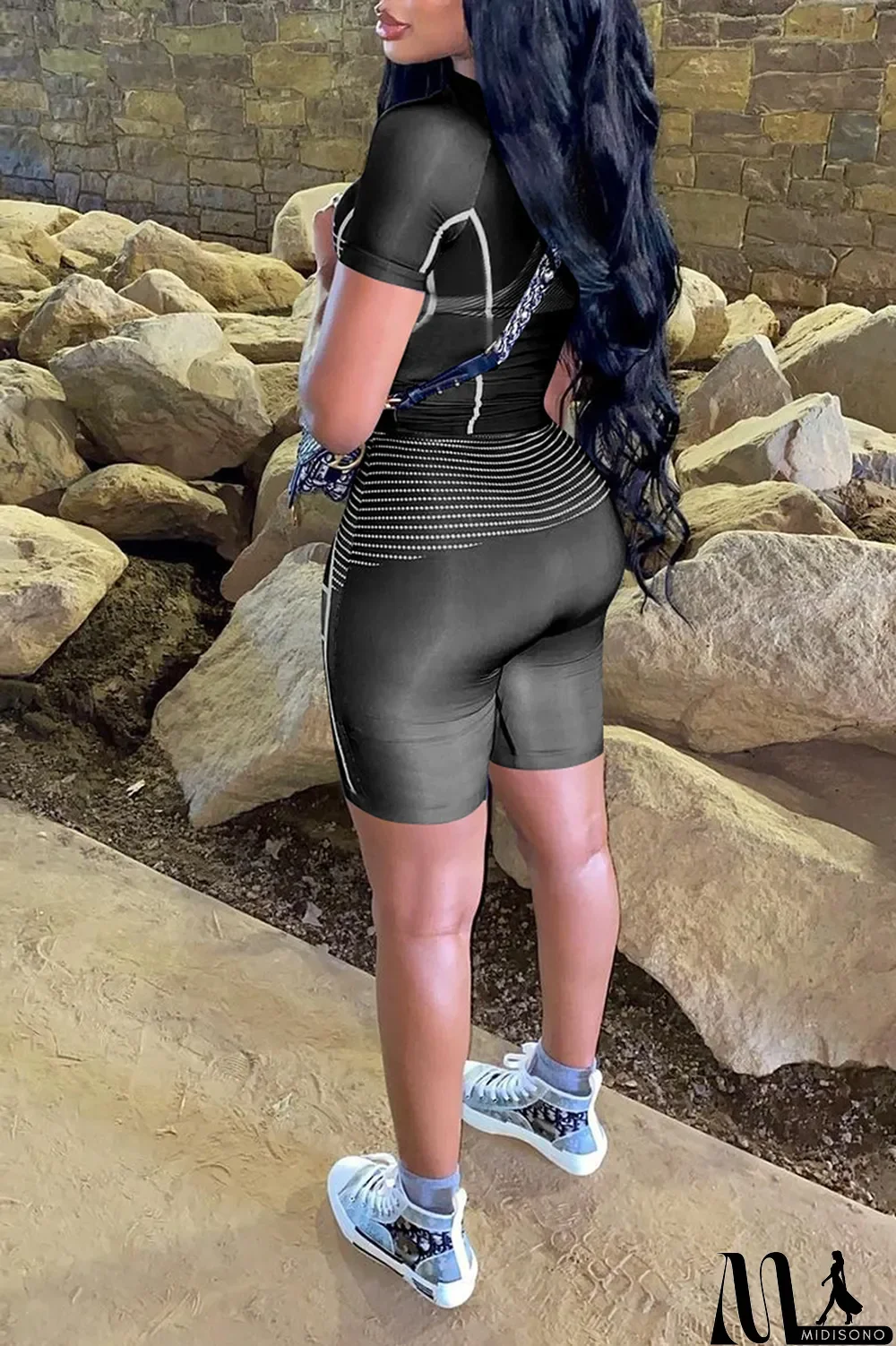 MidiSono - Purple Sexy Print Split Joint O Neck Short Sleeve Two Pieces