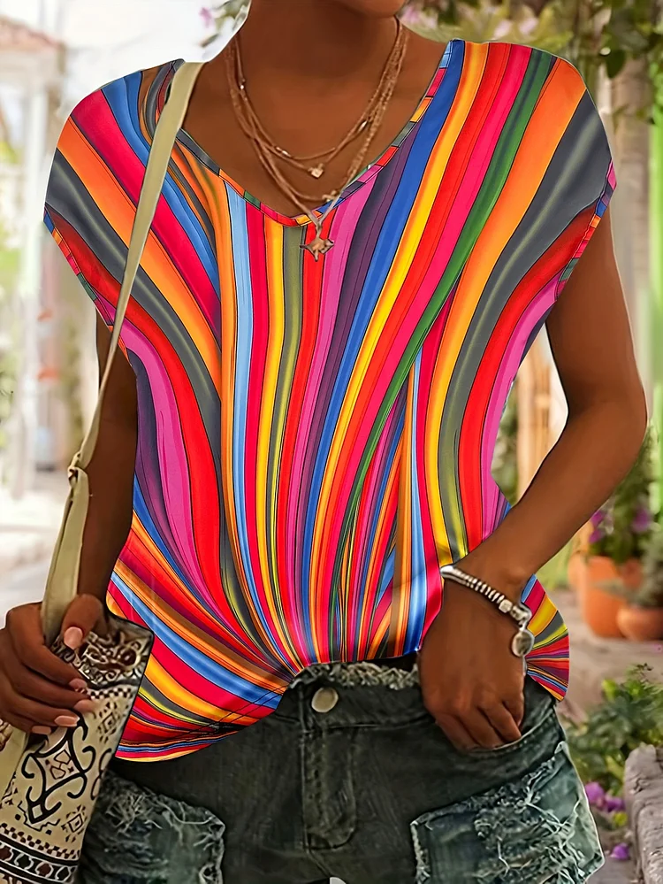 Women's Bold Multicolor Horizontal Stripe T-Shirt - V-Neck Short Sleeve Blouse, Lightweight Polyester Top For Everyday & Formal Outfits - Machine Washable Spring/Summer Fashion Tee, Ladies T Shirts, Casual Summer Wear, Vneck Blouse, Smooth Glossy Fabric