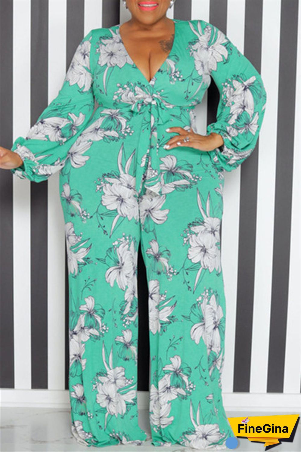 Yellow Casual Print Patchwork V Neck Plus Size Jumpsuits