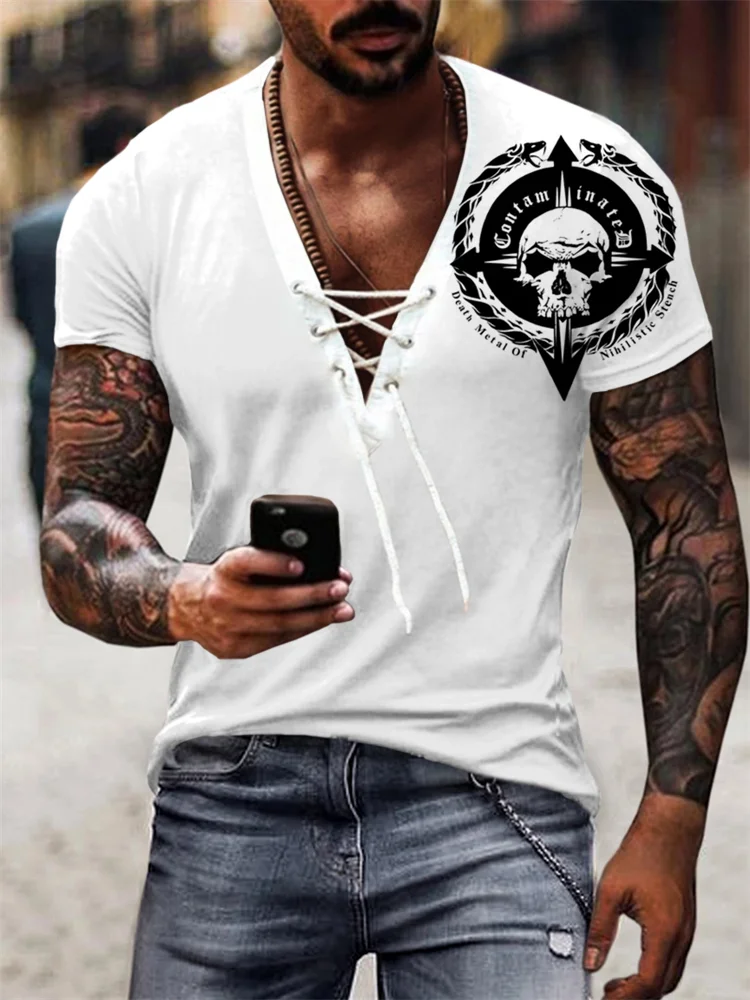 Broswear Men's Viking Skull Dragon Totem Print Pattern Lace Up T-shirt