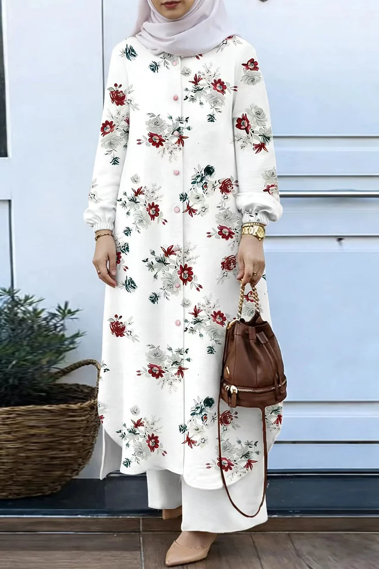Abayawear Floral Long Sleeve Shirt Dress & Pants 2Pcs Set